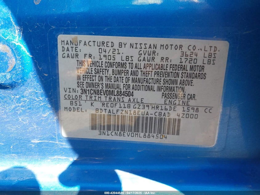 2021 NISSAN VERSA VIN: 3N1CN8EV0ML884504