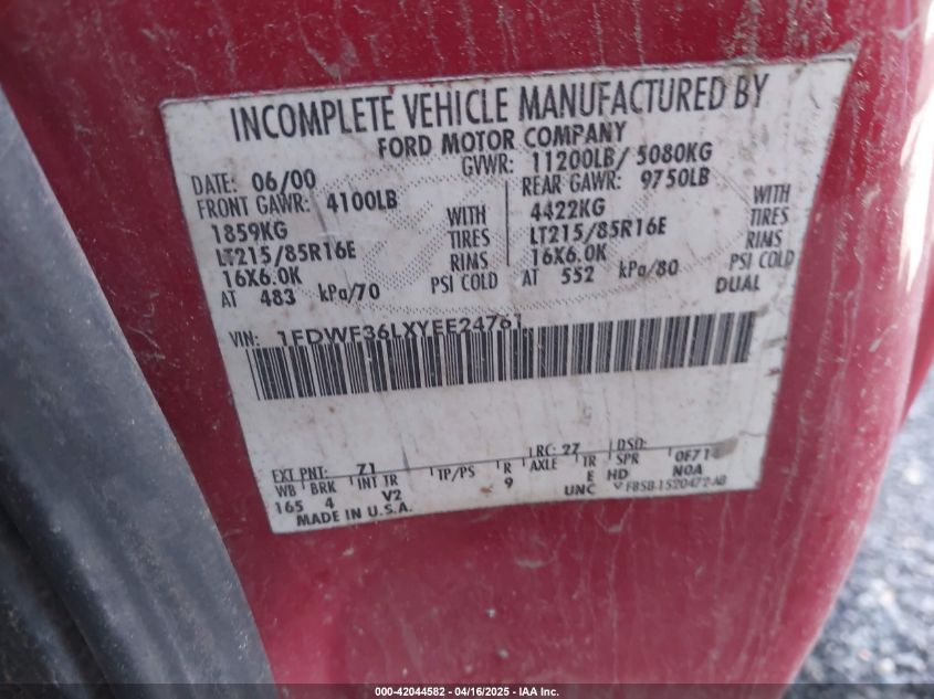 2000 Ford F350 VIN: 1FDWF36LXEE24761 Lot: 42044582