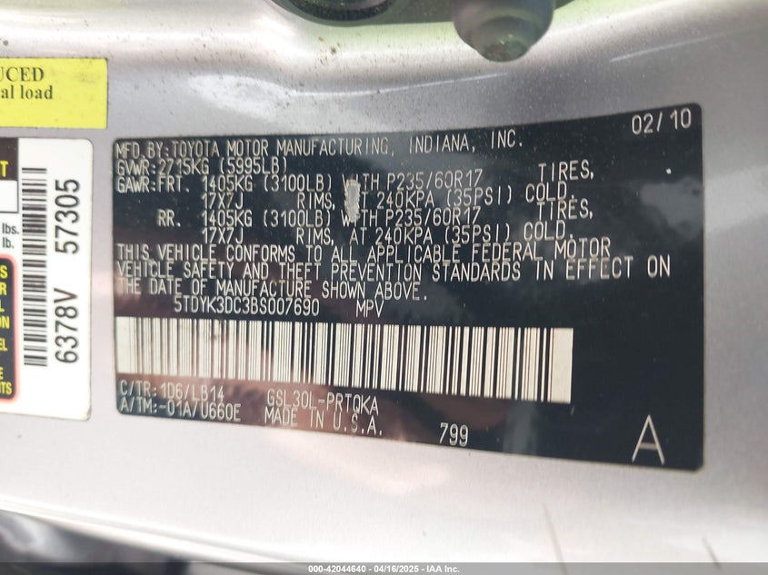 2011 TOYOTA SIENNA VIN: 5TDYK3DC3BS007690