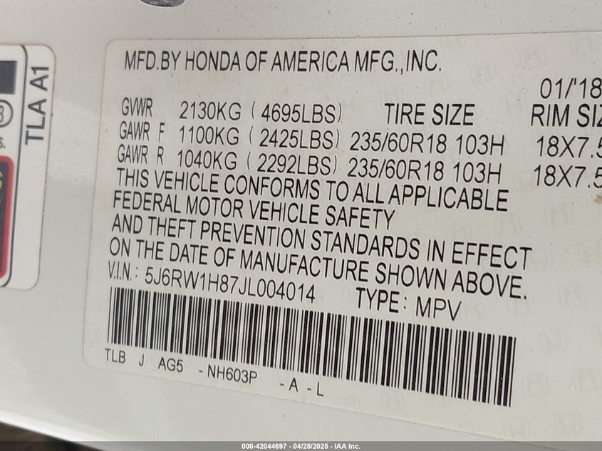2018 HONDA CR-V VIN: 5J6RW1H87JL004014