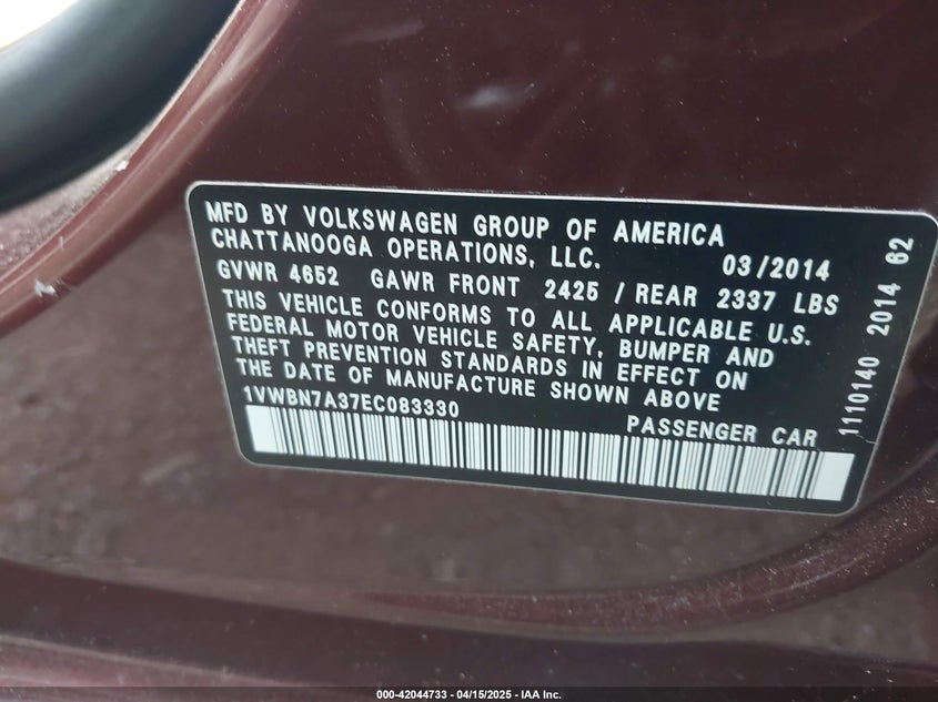 2014 VOLKSWAGEN PASSAT VIN: 1VWBN7A37EC083330