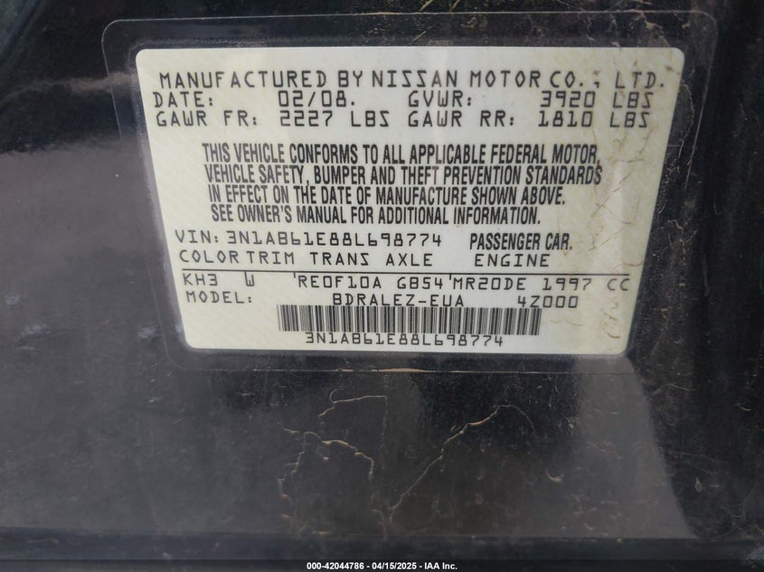 2008 NISSAN SENTRA VIN: 3N1AB61E88L698774