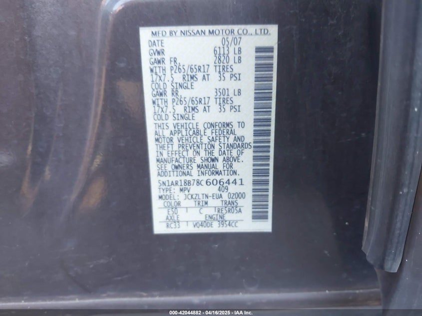 2008 NISSAN PATHFINDER VIN: 5N1AR18B78C606441