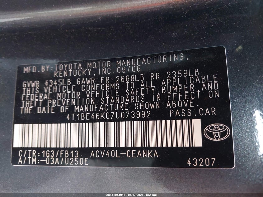 2007 TOYOTA CAMRY VIN: 4T1BE46K07U073992