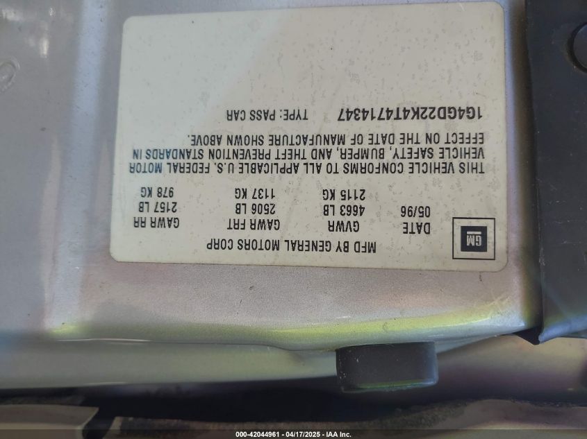 1996 Buick Riviera VIN: 1G4GD22K4T4714347 Lot: 42044961