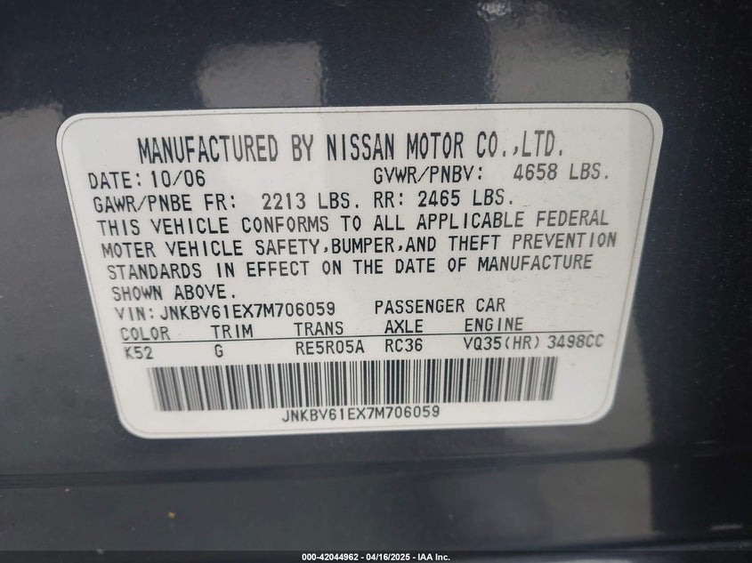 2007 INFINITI G35 VIN: JNKBV61EX7M706059