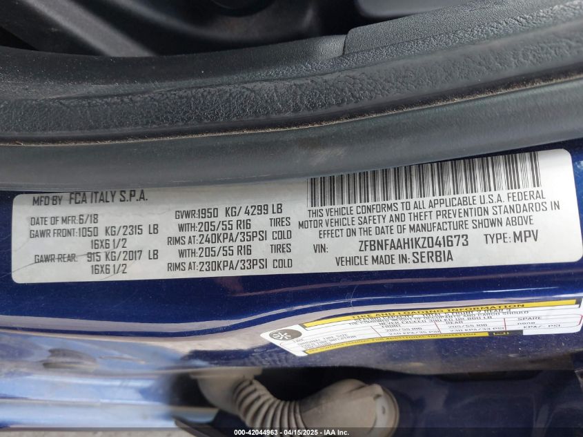 2019 Fiat 500L Pop VIN: ZFBNFAAH1KZ041673 Lot: 42044963