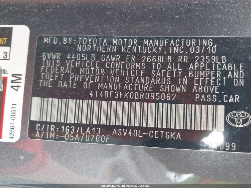 2011 TOYOTA CAMRY VIN: 4T4BF3EK0BR095062