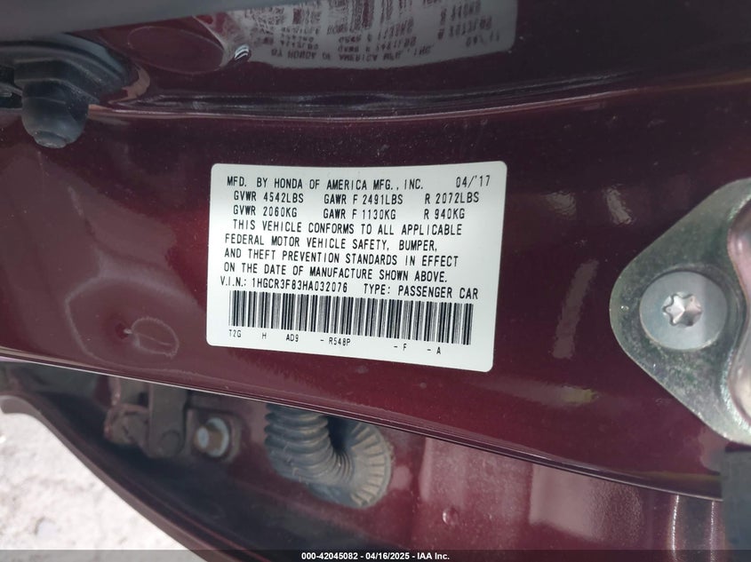 2017 HONDA ACCORD VIN: 1HGCR3F83HA032076