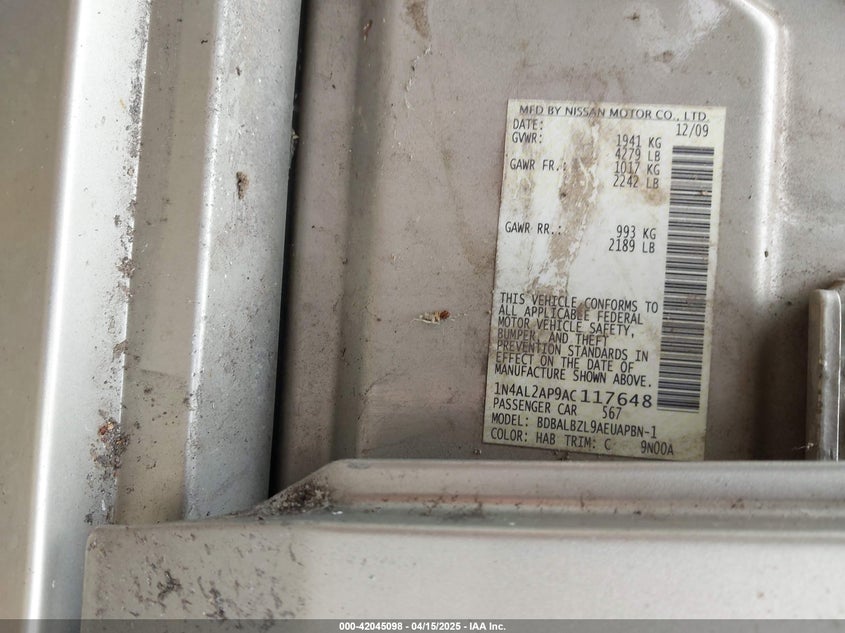 2010 NISSAN ALTIMA VIN: 1N4AL2AP9AC117648