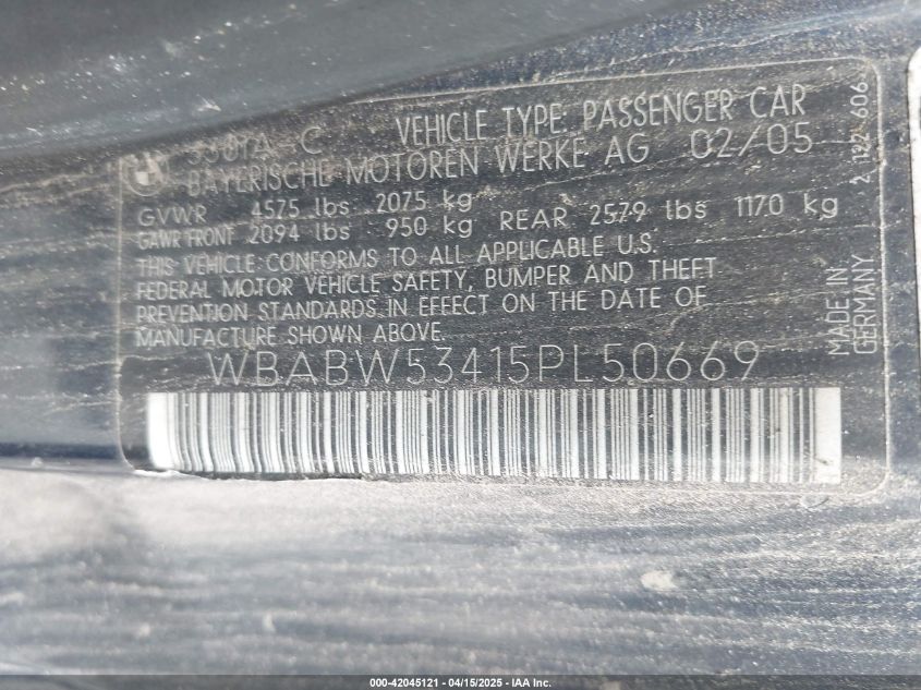 2005 BMW 330Ci VIN: WBABW53415PL50669 Lot: 42045121