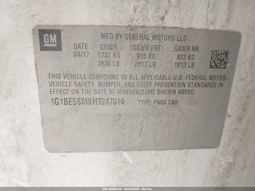 2017 CHEVROLET CRUZE LT - 1G1BE5SMXH7247514