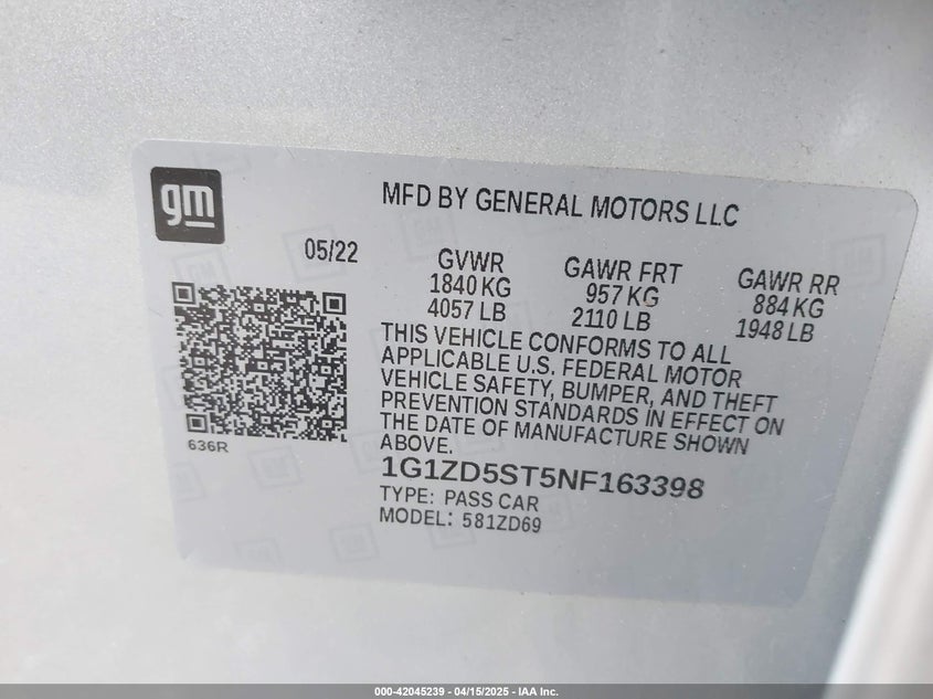 VIN 1G1ZD5ST5NF163398 2022 CHEVROLET MALIBU FWD LT