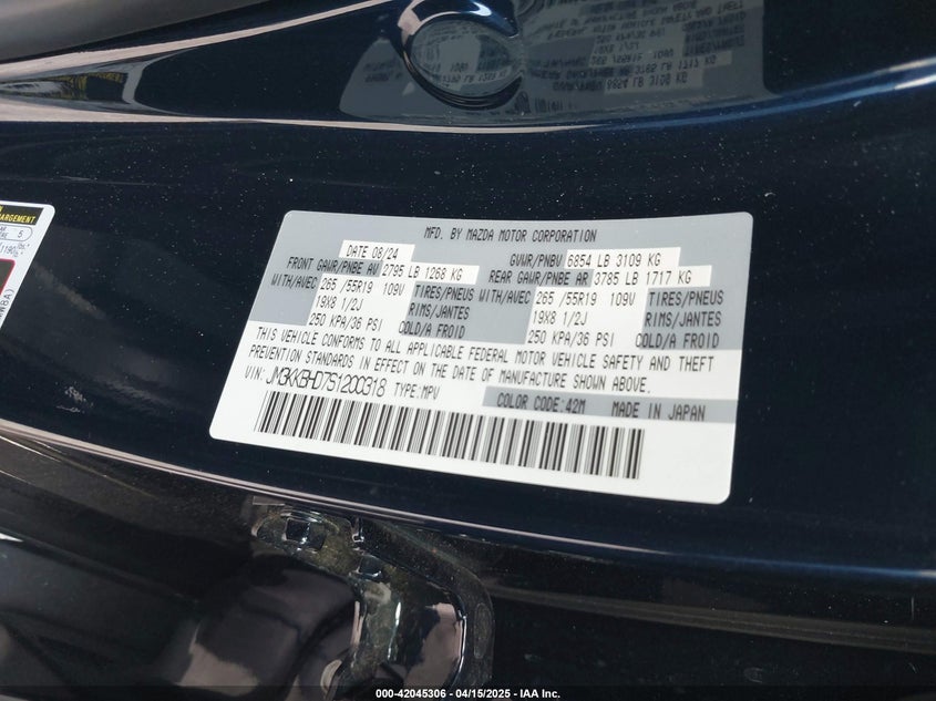 VIN JM3KKBHD7S1200318 2025 MAZDA CX-90 3.3 TURBO PREFERRED PACKAGE