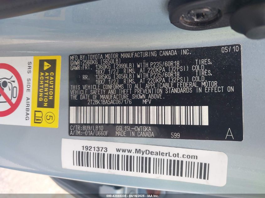 2010 Lexus Rx 350 VIN: 2T2BK1BA5AC067176 Lot: 42045335