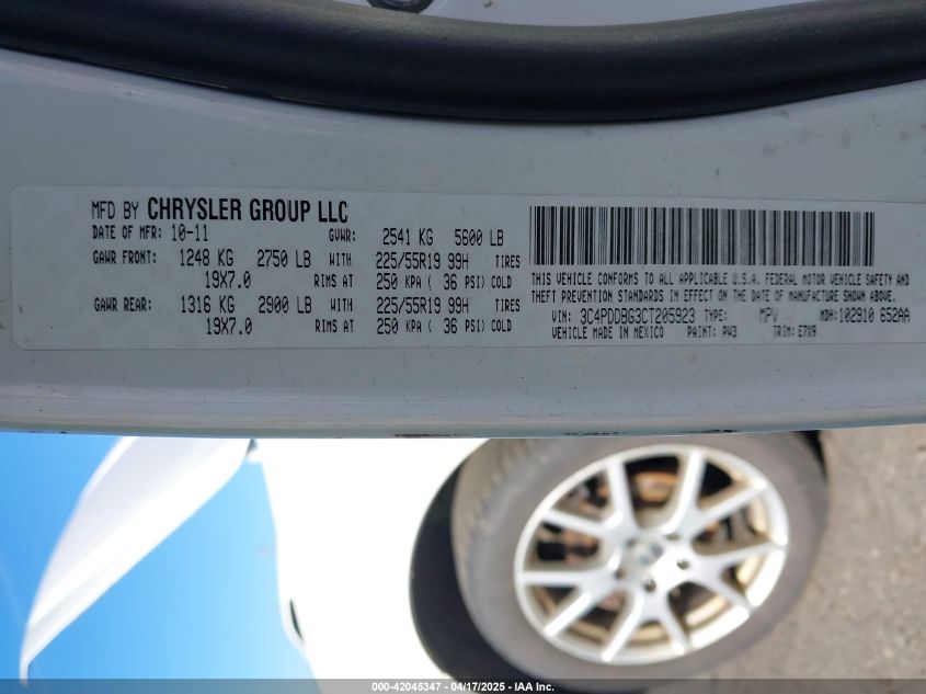 2012 Dodge Journey Sxt VIN: 3C4PDDBG3CT205923 Lot: 42045347