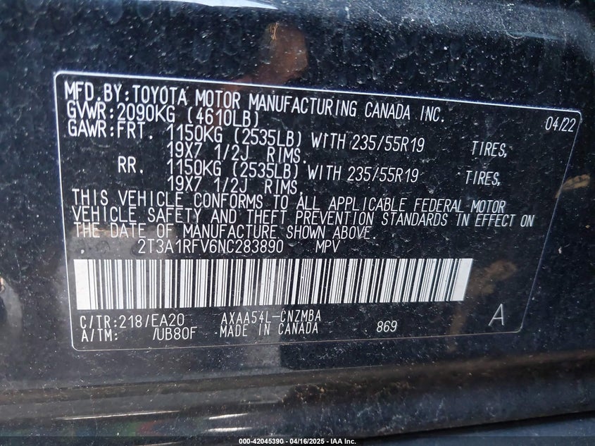 2022 TOYOTA RAV4 VIN: 2T3A1RFV6NC283890
