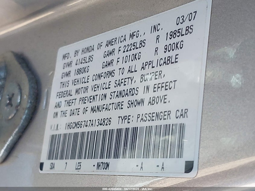 2007 HONDA ACCORD VIN: 1HGCM56747A134826