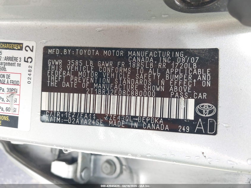 2008 TOYOTA COROLLA VIN: 2T1BR32E08C880000