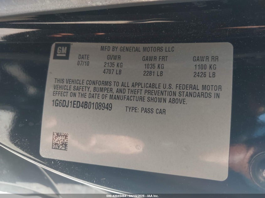 2011 CADILLAC CTS VIN: 1G6DJ1ED4B0108949