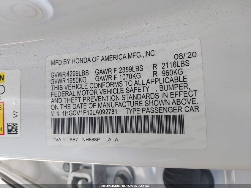 2020 HONDA ACCORD VIN: 1HGCV1F10LA092781