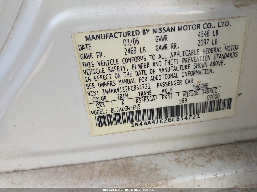 2006 NISSAN MAXIMA VIN: 1N4BA41E26C854721