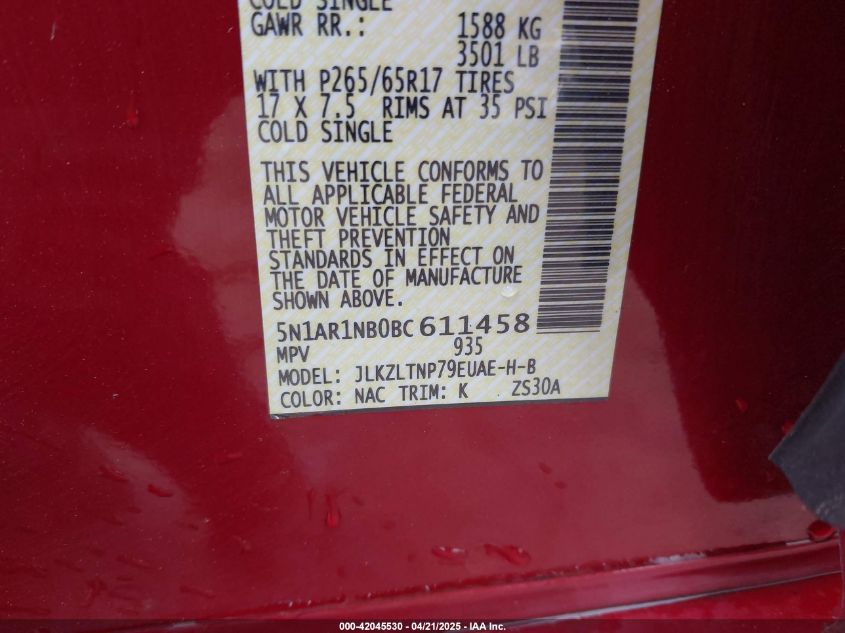 2011 Nissan Pathfinder Silver VIN: 5N1AR1NB0BC611458 Lot: 42045530