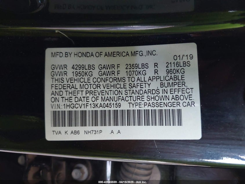 2019 HONDA ACCORD VIN: 1HGCV1F13KA045159