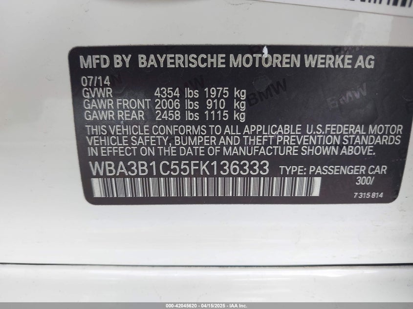 2015 BMW 320 VIN: WBA3B1C55FK136333