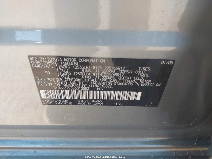 2008 TOYOTA RAV4 VIN: JTMZK31V386012553