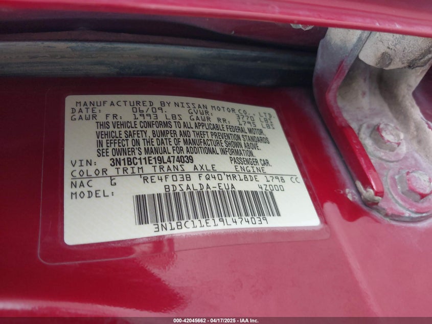 2009 NISSAN VERSA VIN: 3N1BC11E19L474039