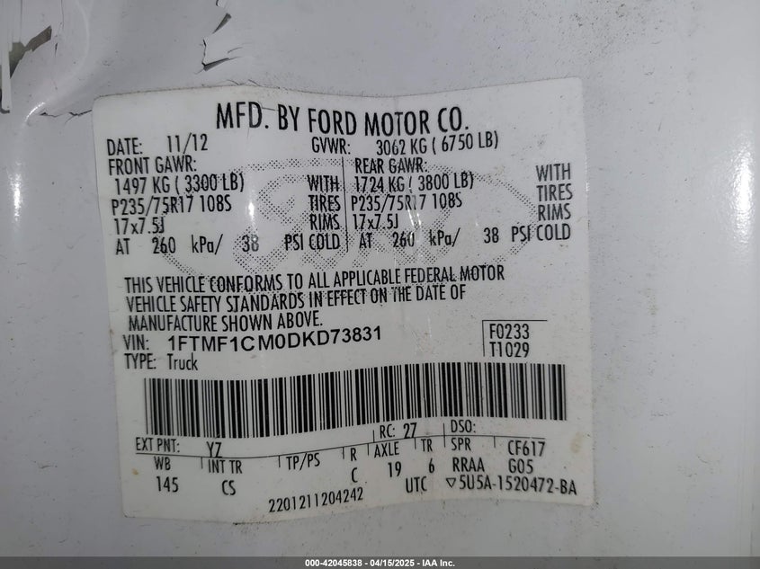 2013 FORD F-150 VIN: 1FTMF1CM0DKD73831