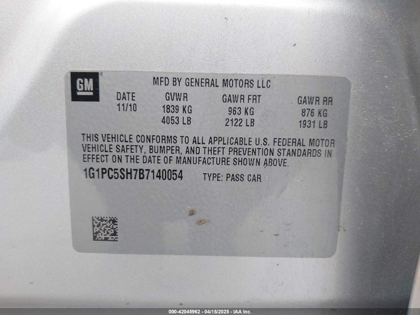 2011 Chevrolet Cruze Ls VIN: 1G1PC5SH7B7140054 Lot: 42045962