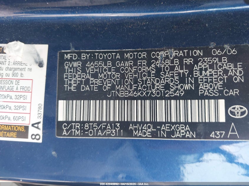 2007 TOYOTA CAMRY HYBRID VIN: JTNBB46KX73012549