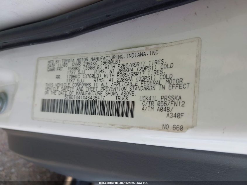 2004 Toyota Tundra Sr5 V8 VIN: 5TBDT441X45436417 Lot: 42046018