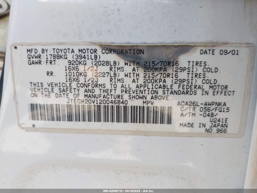 2002 Toyota Rav4 VIN: JTEGH20V120046840 Lot: 42046118