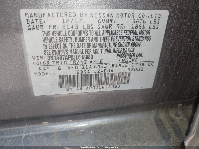 2018 NISSAN SENTRA VIN: 3N1AB7AP0JL618980