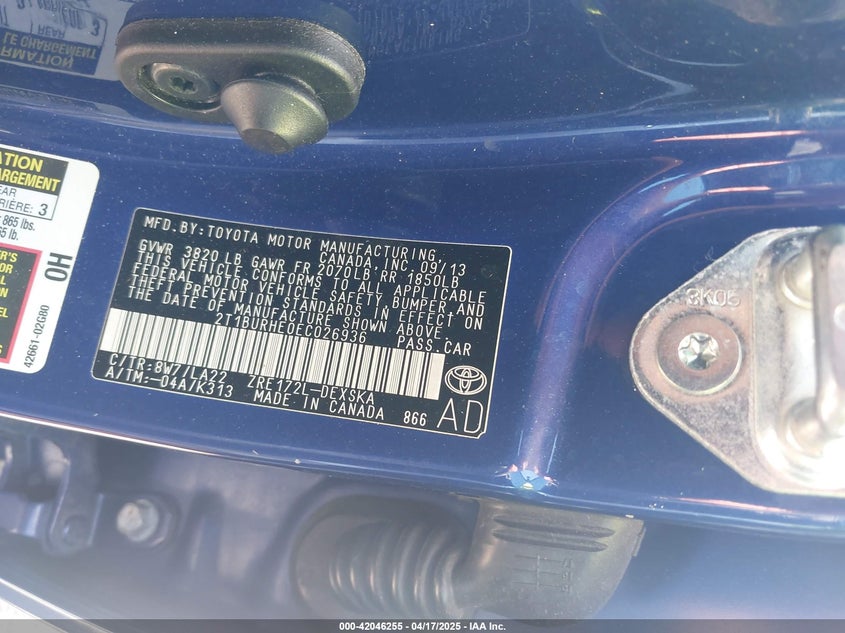 2014 TOYOTA COROLLA VIN: 2T1BURHE0EC026936
