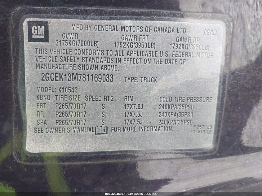 2008 CHEVROLET SILVERADO 1500 VIN: 2GCEK13M781169033