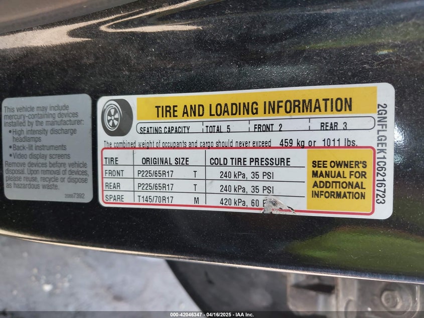 2012 CHEVROLET EQUINOX VIN: 2GNFLGEK1C6216723