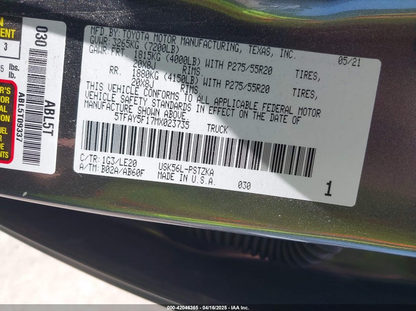 2021 TOYOTA TUNDRA PLATINUM - 5TFAY5F17MX023735