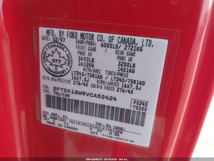 1997 Ford F150 VIN: 2FTDX18W9VCA50424 Lot: 42046379