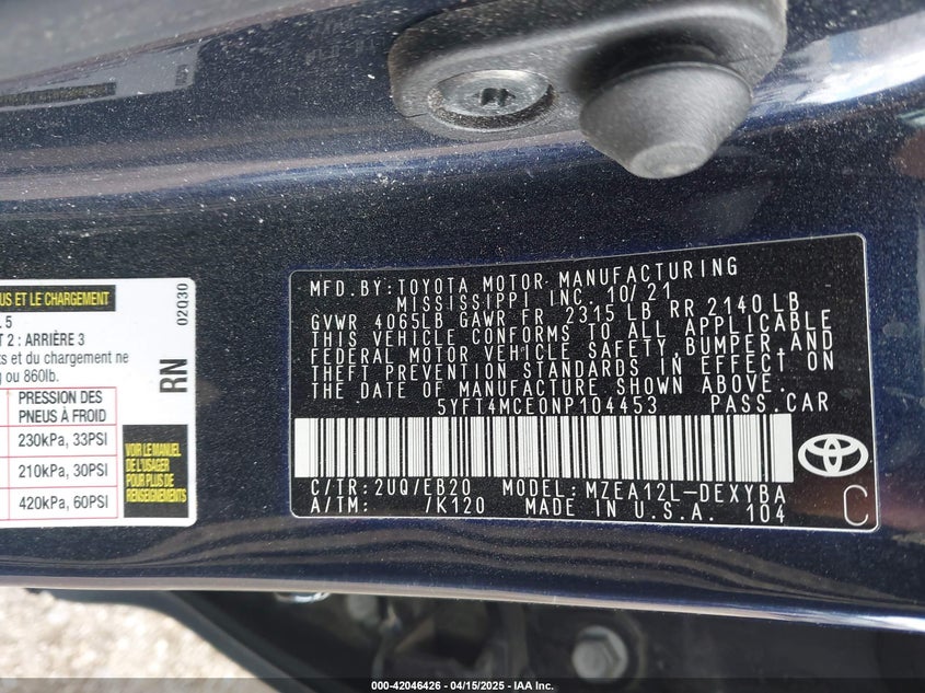 2022 TOYOTA COROLLA VIN: 5YFT4MCE0NP104453