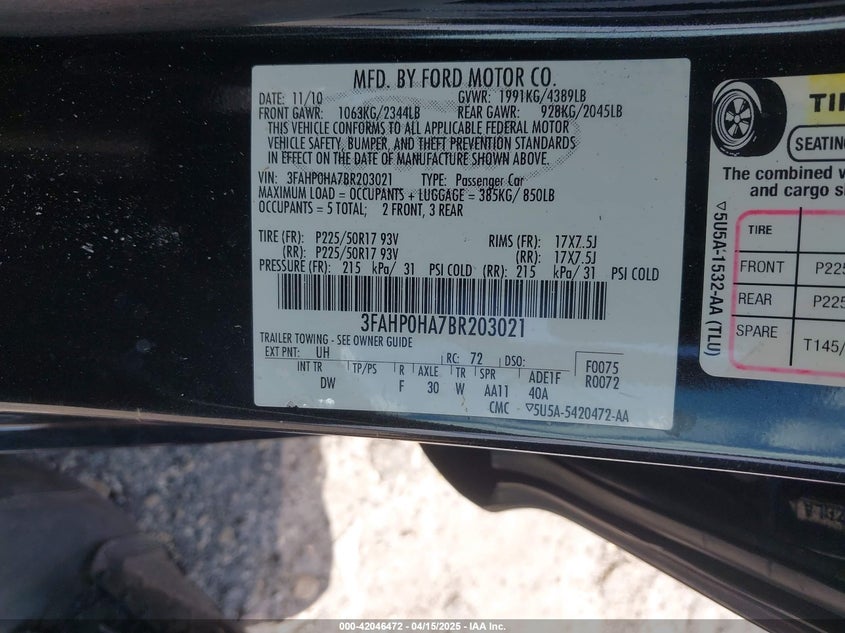 2011 FORD FUSION VIN: 3FAHP0HA7BR203021