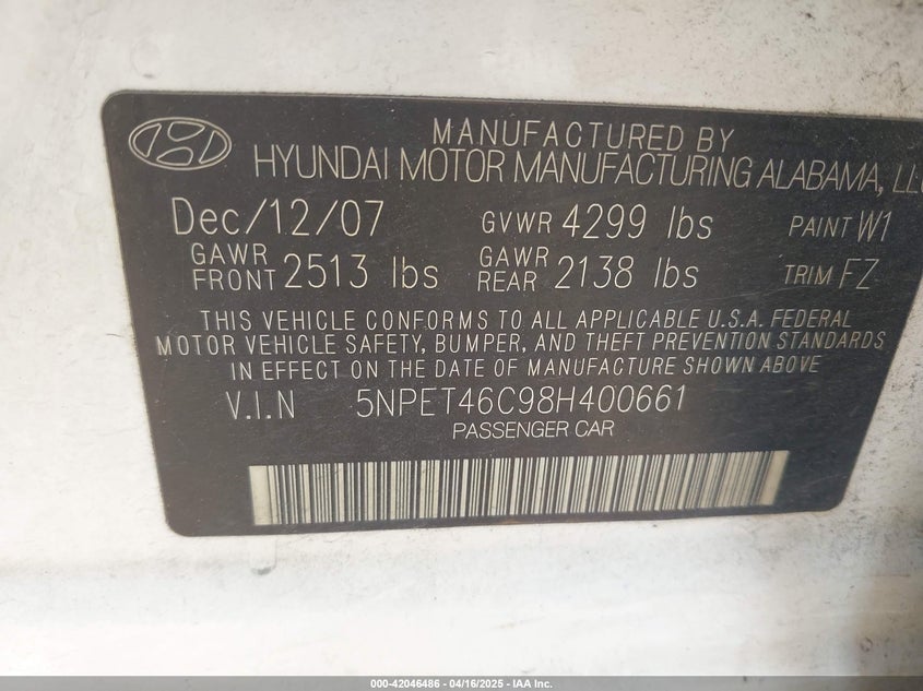 2008 HYUNDAI SONATA VIN: 5NPET46C98H400661