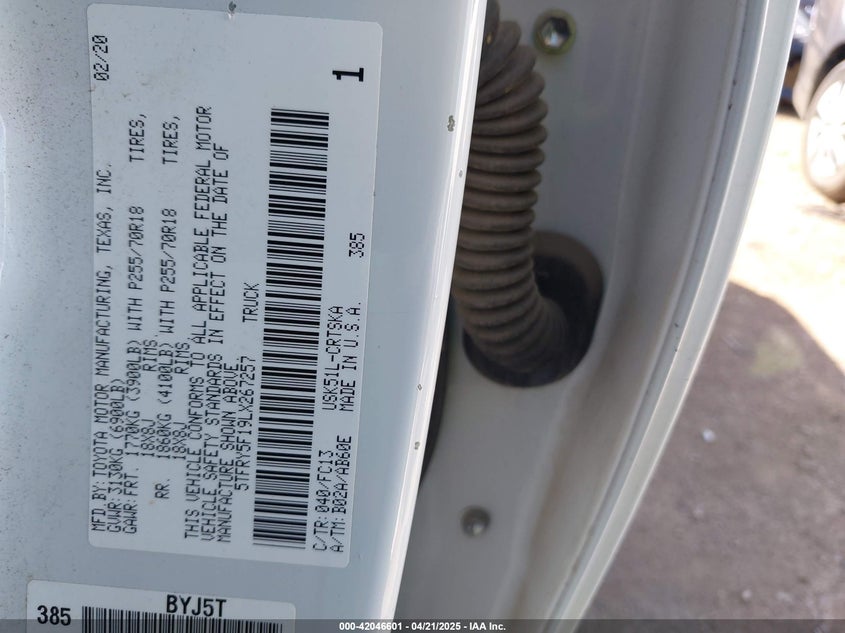 2020 TOYOTA TUNDRA VIN: 5TFRY5F19LX267257