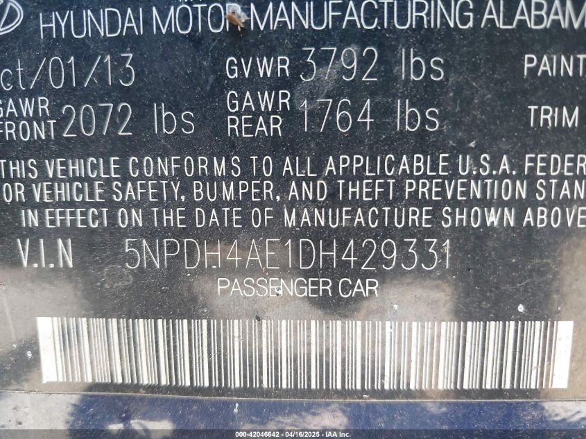 2013 Hyundai Elantra Limited VIN: 5NPDH4AE1DH429331 Lot: 42046642