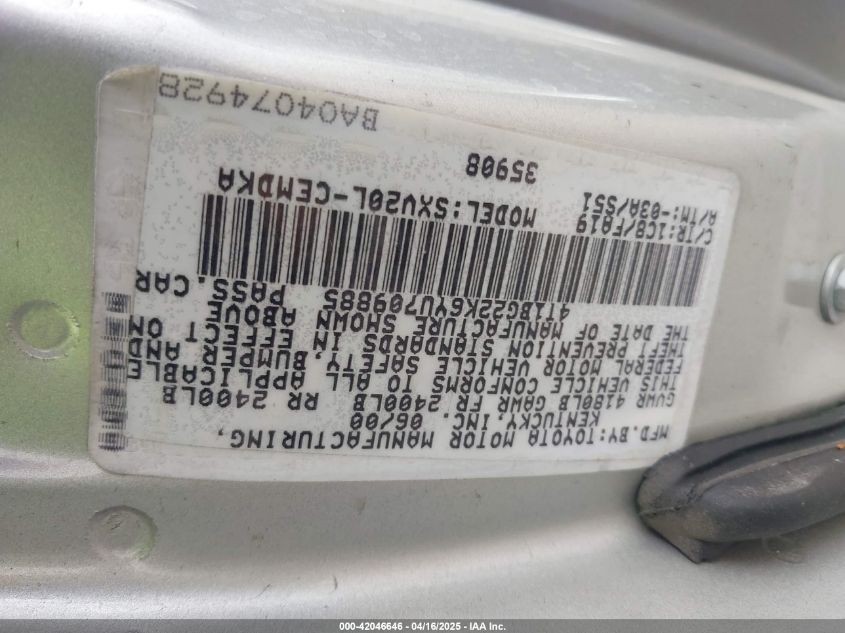 2000 Toyota Camry Ce VIN: 4T1BG22K6YU709885 Lot: 42046646