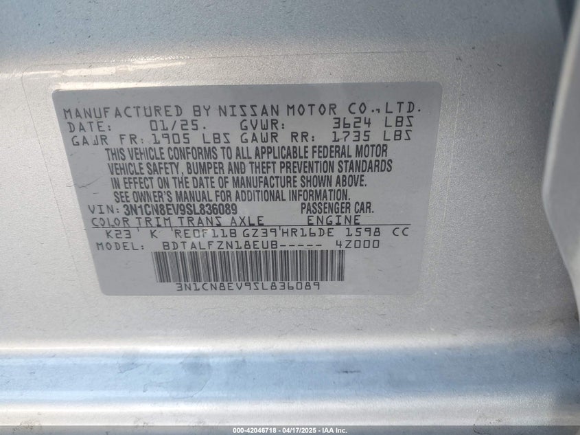 2025 NISSAN VERSA 1.6 SV - 3N1CN8EV9SL836089