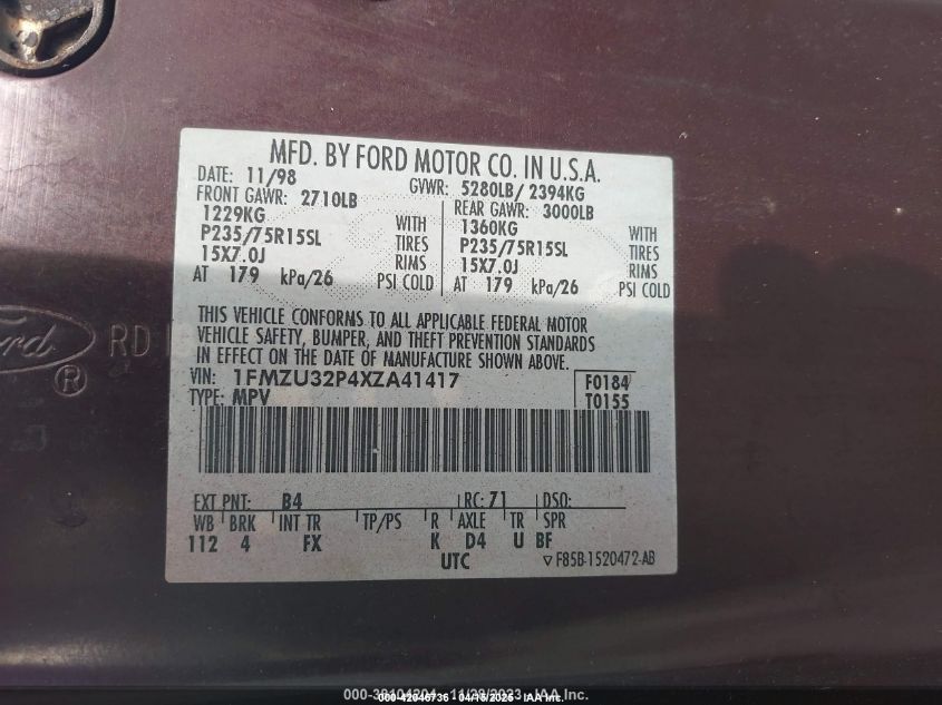 1999 Ford Explorer Limited Edition/Eddie Bauer/Xlt VIN: 1FMZU32P4XZA41417 Lot: 42046736